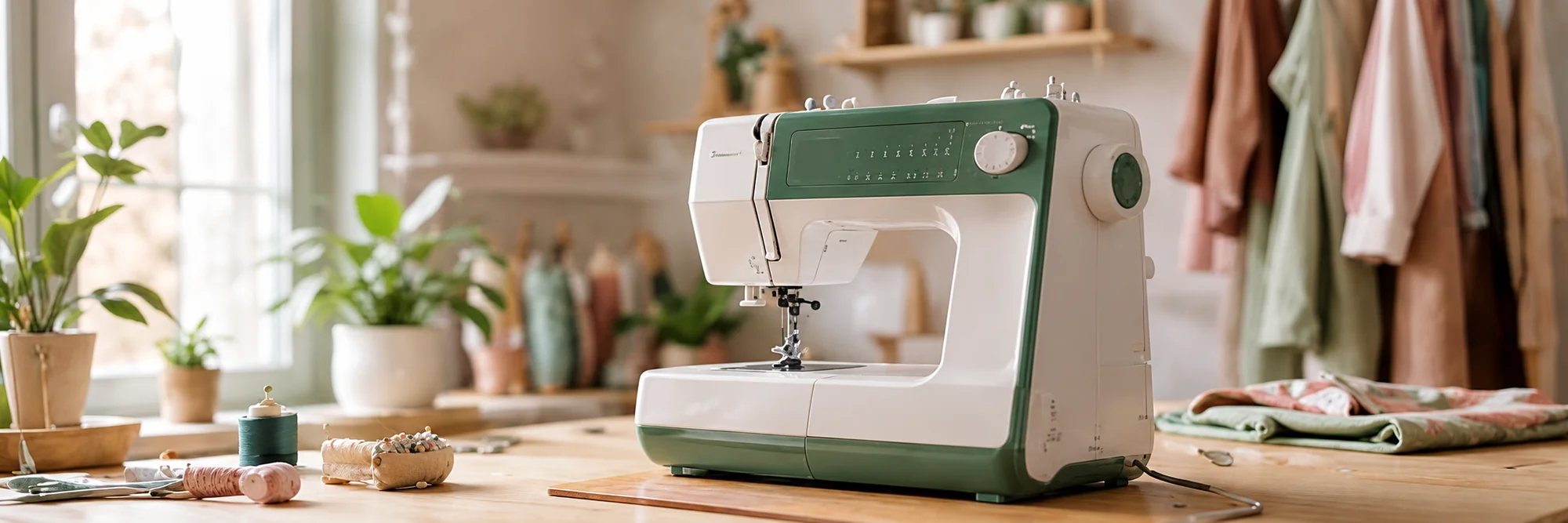 Groene naaimachine in lichte naaikamer