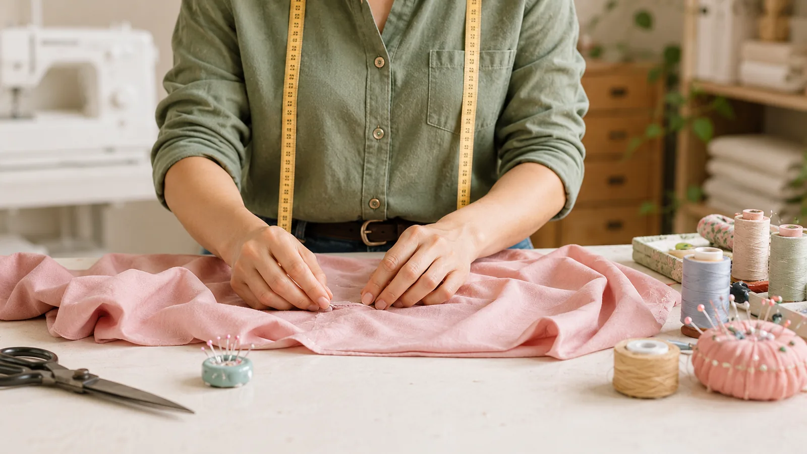 Naaister speldt roze stof op werktafel
